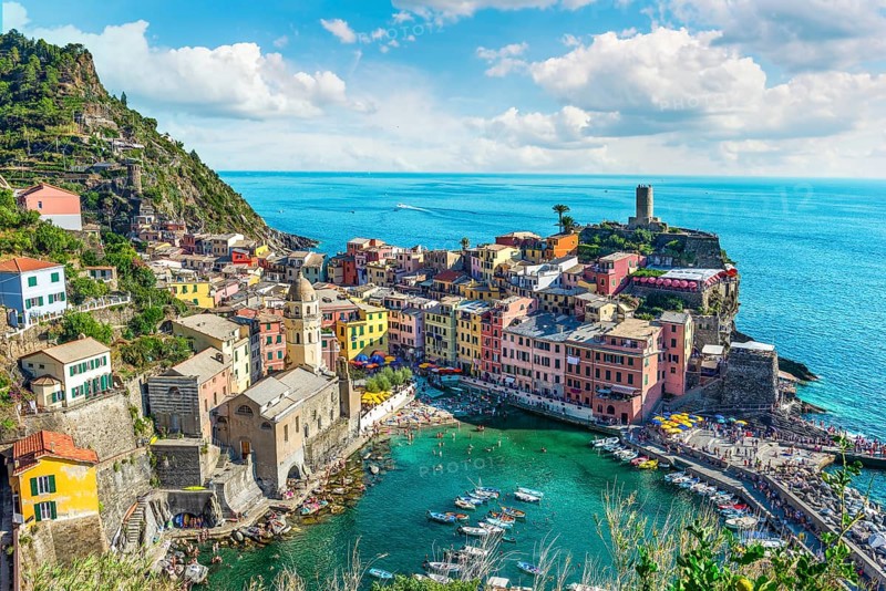 Vernazza, small italian town on the seashore, view from above
