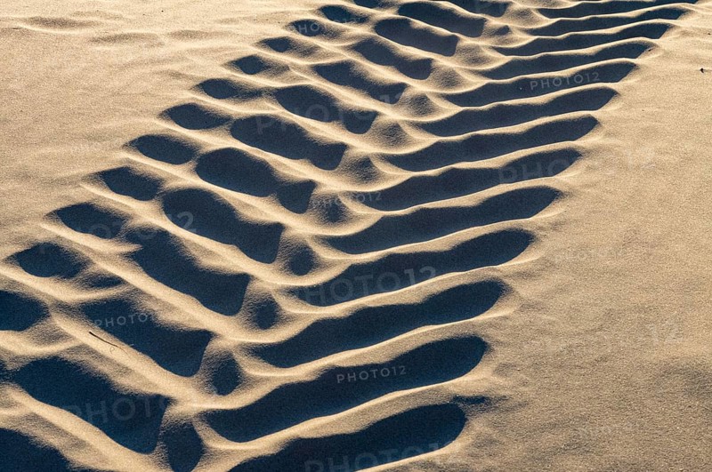 Close-up of tire tracks forming a wavy pattern on a sandy surface, illuminated by sunlight
