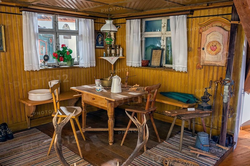 Farmhouse parlour with Herrgottswinkel, local history museum, Wiggensbach, Allgäu, Swabia, Bavaria, Germany