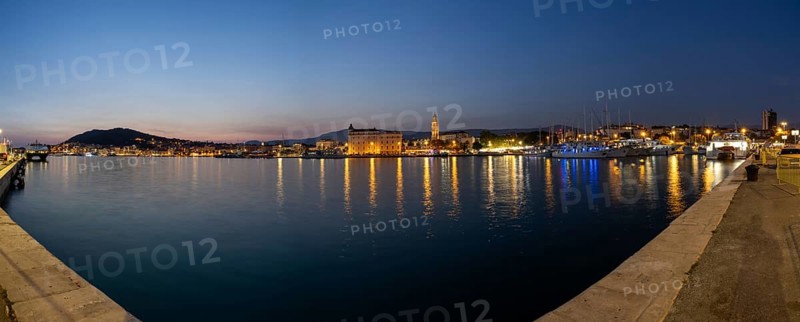 Split harbour, blue hour, panoramic shot, Split, Dalmatia, Croatia