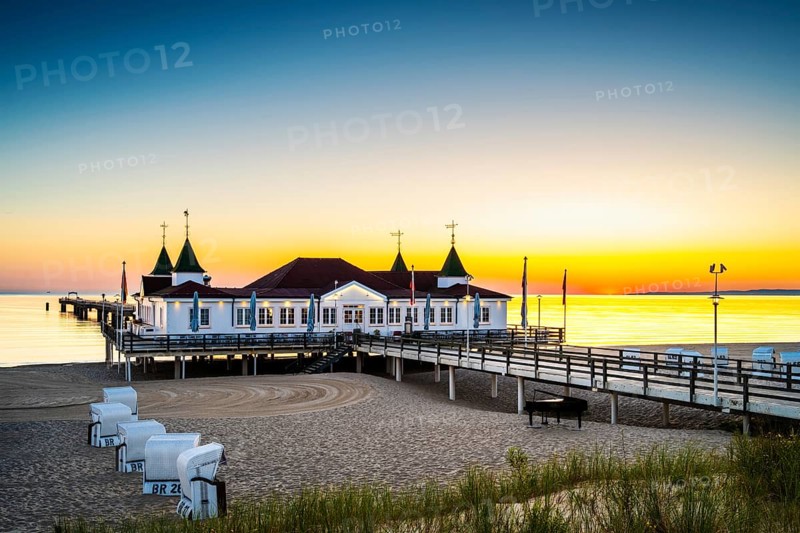 Sunrise on the pier in Ahlbeck on the island of Usedom on the Baltic Sea