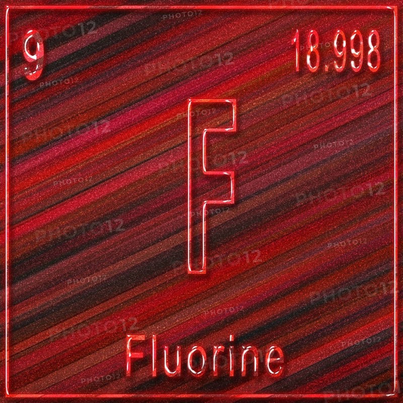 Fluorine chemical element, Sign with atomic number and atomic weight, Periodic Table Element