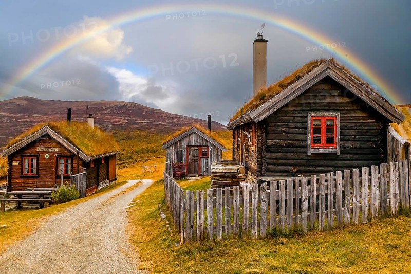 Old house with grass roof, weekend house, boathouse, rainbow, Viksfjorden, Norway Viksfjorden, Norway