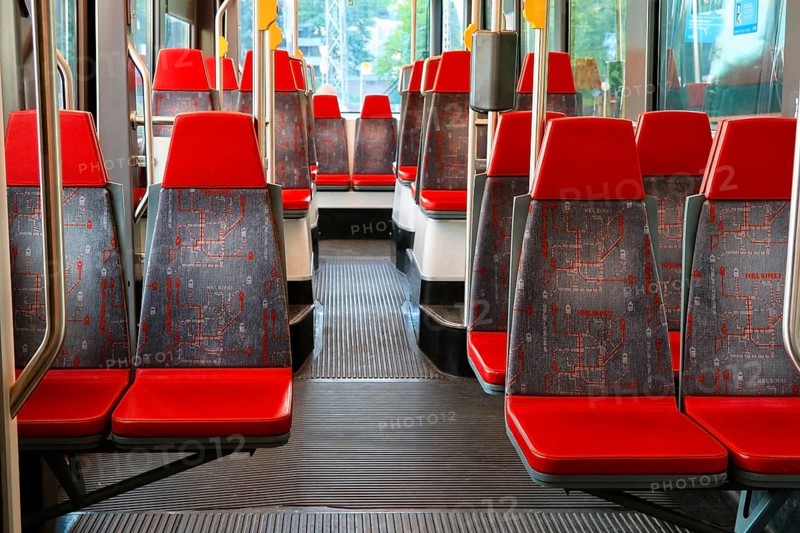 Interior of Helsinki tram, empty seats with no people. Helsinki, Finland. July 3, 2020