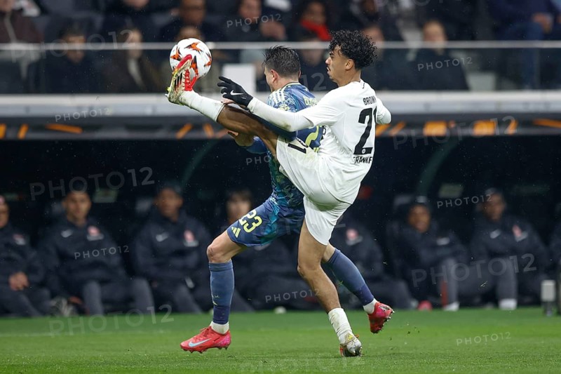 Football, Europa League, round of 16 second leg, 2024/2025, Eintracht Frankfurt vs. Ajax Amsterdam, 13/03/2025, Frankfurt Stadion, Frankfurt, Germany, Nathaniel BROWN (Eintracht Frankfurt, 21) in duel with Steven BERGHUIS (Ajax Amsterdam, 23)