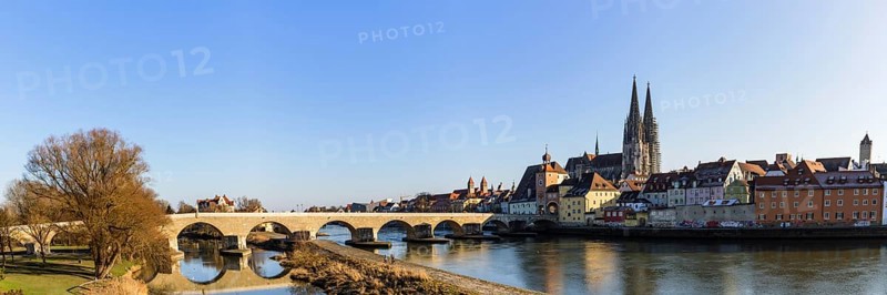 View of Regensburg Cathedral and the stone bridge over the Danube in winter in Regensburg, Bavaria, Germany