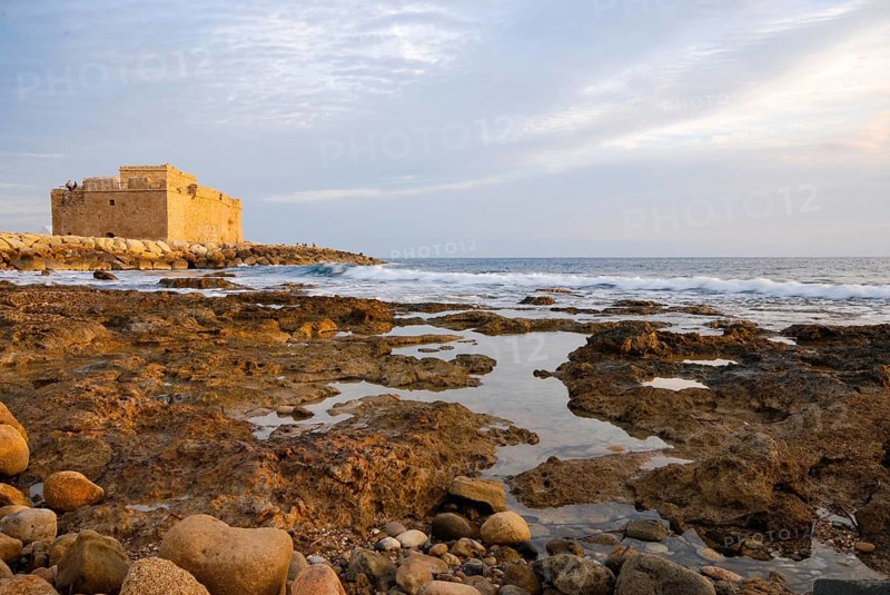Paphos castle at down. Coastal ancient historic castle landmark at Paphos harbor Cyprus