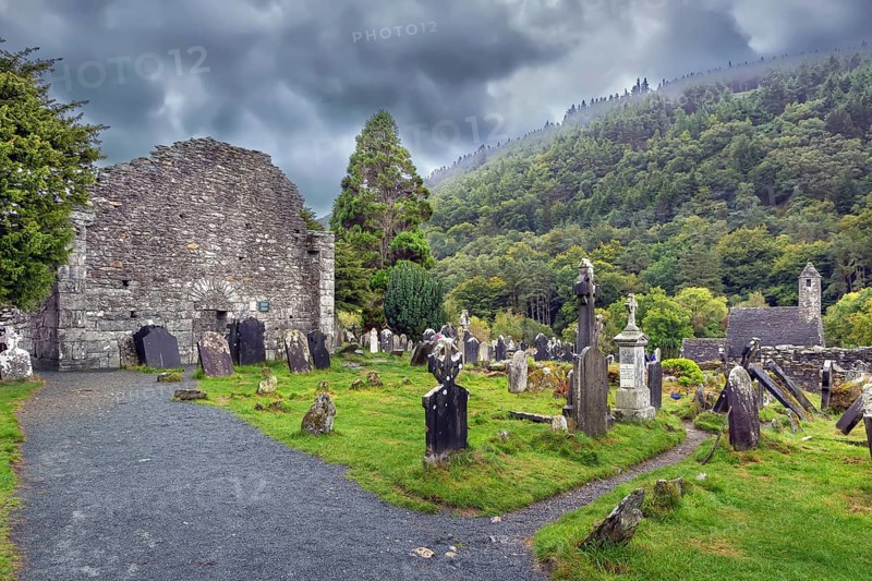 Cemetery with gravestones in Glendalough, Ireland