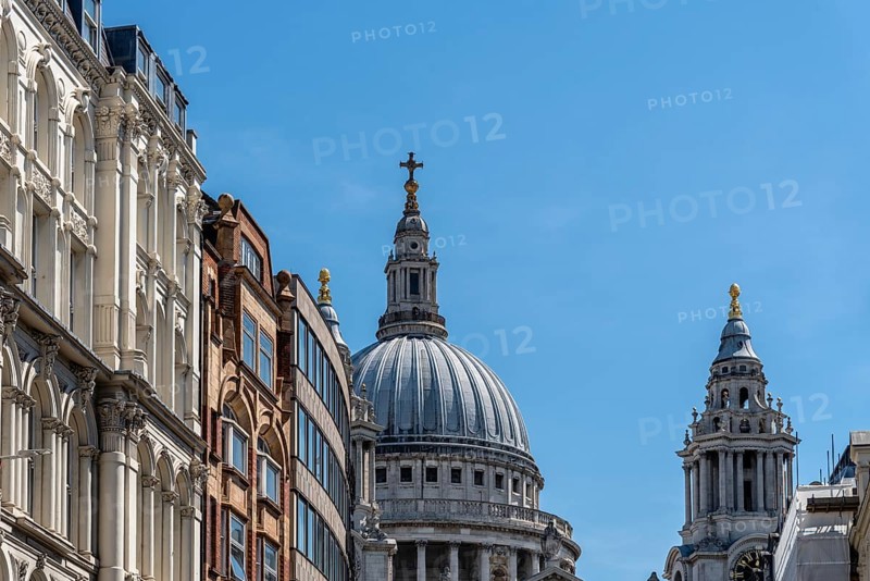 Low angle view of the Dome of St Paul Cathedral from Ludgate Hill against sky