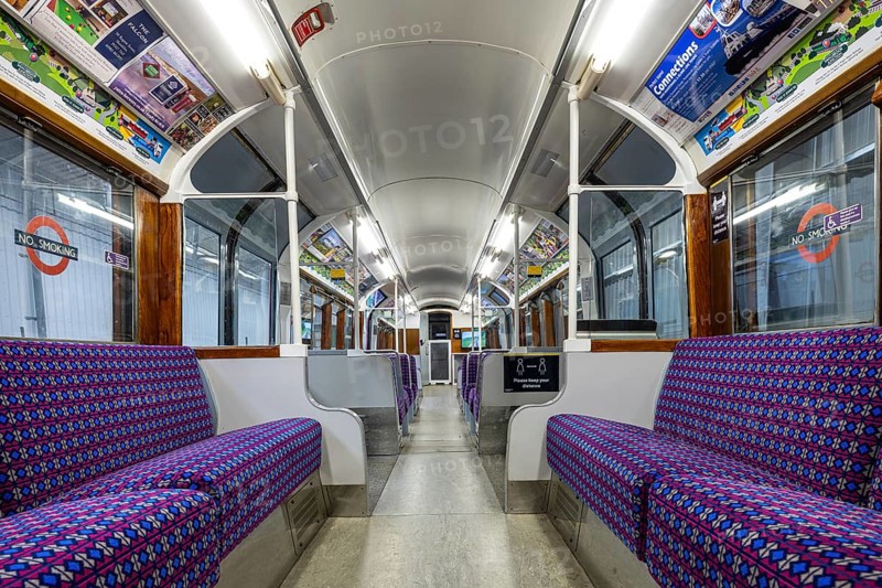 Interior of a London underground tube train retired from the Island Line railway in the Island's Railway museum, Isle of Wight, England, United Kingdom