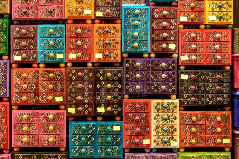 Small, colourful wooden crates at a market in Krakow, Poland