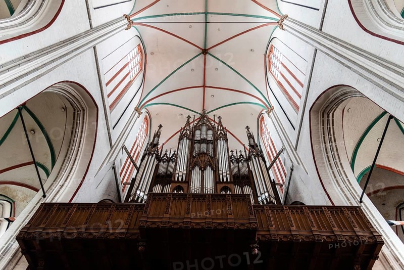 Schwerin, Germany, August 2, 2019: Interior view of Cathedral and the organ. It is an Evangelical Lutheran Cathedral dedicated to the Virgin Mary and Saint John