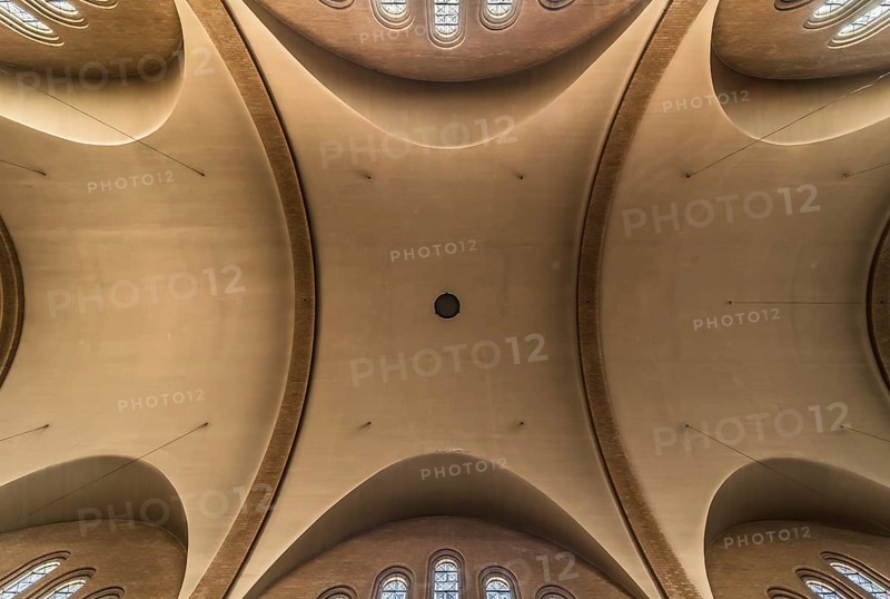 Jette, Brussels Capital Region, Belgium, 10 10 2019 Modern Gothic interior design of theceiling of Our Lady of Lourdes Roman Catholic church