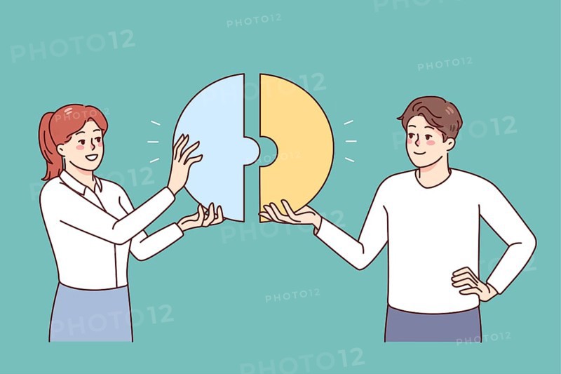 Happy businesspeople connect pieces of jigsaw find solution together. Smiling employees look for solution. Teamwork and problem solving. Flat illustration