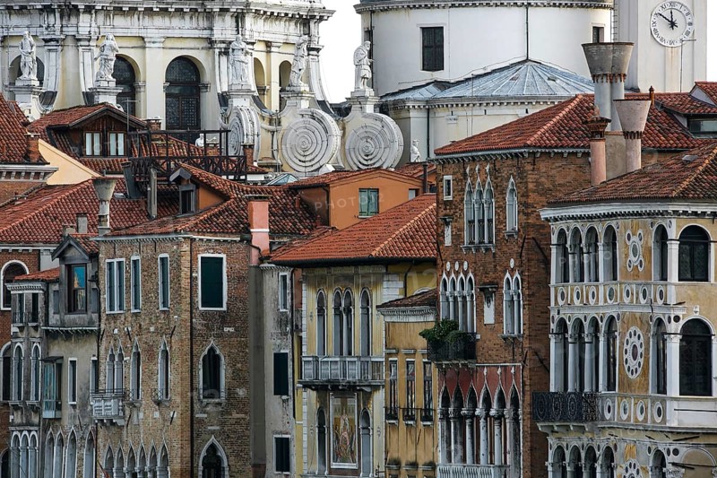 Italy Venice Grand Canal -465 south-east section houses and palazzi dominated by the church of Santa Maria Salute partial view