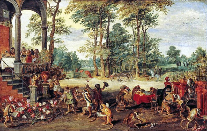 Brueghel's satirical comment reflects the collapse of 'Tulipomania' in the 1640s. In the painting, speculators are depicted as brainless monkeys in contemporary upper-class dress. In a commentary on the economic folly of Tulipomania, one monkey urinates on the previously valuable plants, others appear in debtor's court and one is carried away to the grave.<br/><br/> Tulip mania or tulipomania (Dutch names include: tulpenmanie, tulpomanie, tulpenwoede, tulpengekte and bollengekte) was a period in the Dutch Golden Age during which contract prices for bulbs of the recently introduced tulip reached extraordinarily high levels and then suddenly collapsed.<br/><br/> At the peak of tulip mania, in February 1637, some single tulip bulbs sold for more than 10 times the annual income of a skilled craftsman