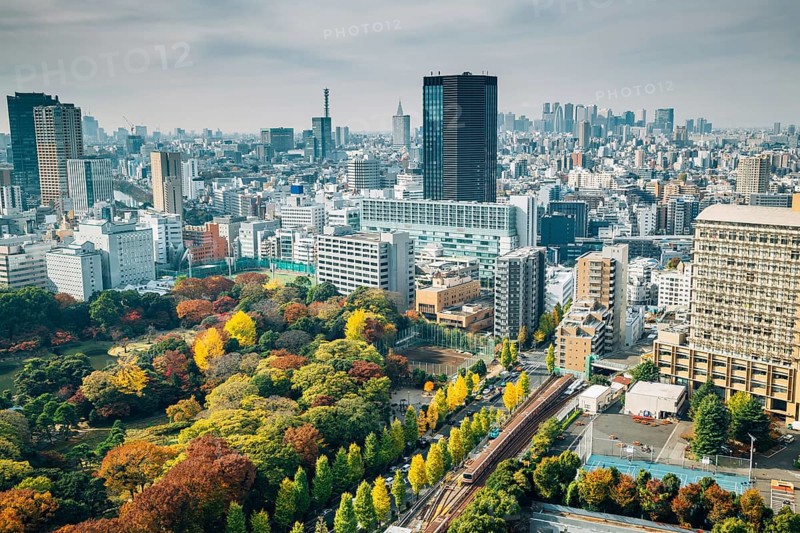 Koishikawa Korakuen Garden and modern buildings at autumn in Tokyo, Japan