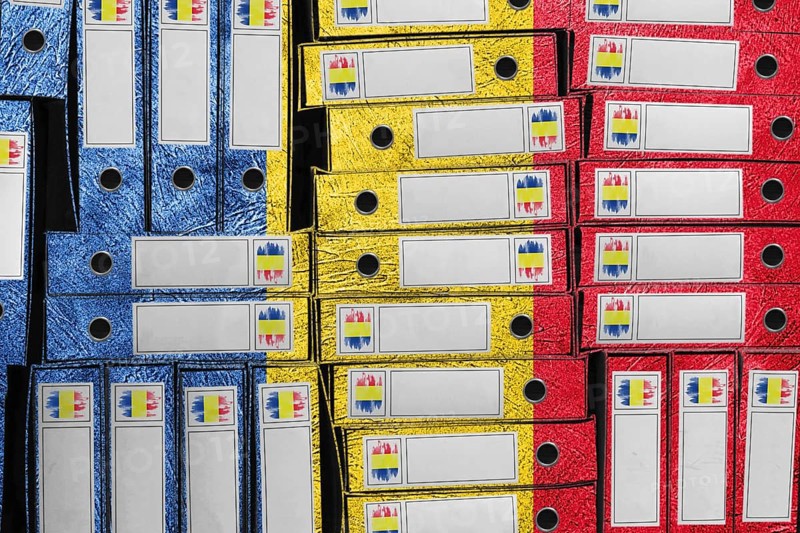 Romania Flag Colors Folder Stack, Bureaucracy and Government Administration Concep