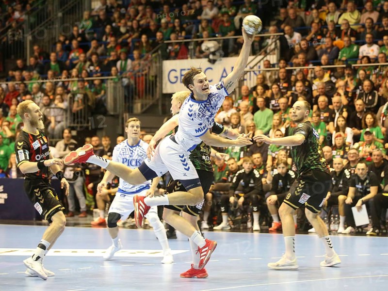 Magnus Abelvik Raed (Pick Szeged, 77) and Magnus Saugstrup (SCM, 23) Handball EHF Champions League Season 2024-25 Group B on Matchday 14 SC Magdeburg - Pick Szeged, Magdeburg, DE