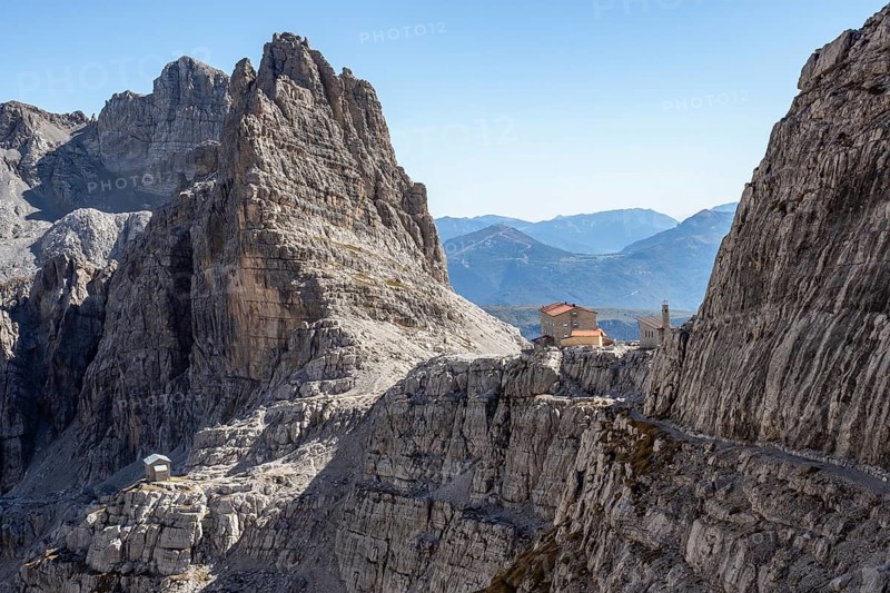Mountain peaks in the Dolomites Alps. Beautiful nature of Italy. Chalet Pedrotti