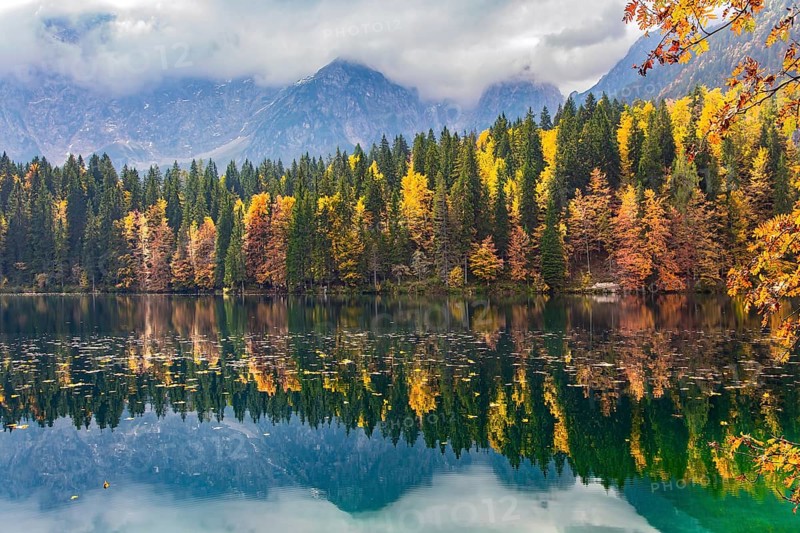 The colors of the autumn forests are reflected in the icy water of the lake. Sunrise. Mountains covered in morning mist. Picturesque Lago Fusine in Italy