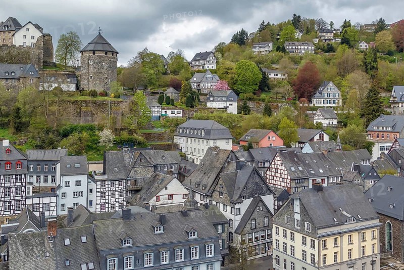 View of Monschau historic center and castle from the hill top, Germany