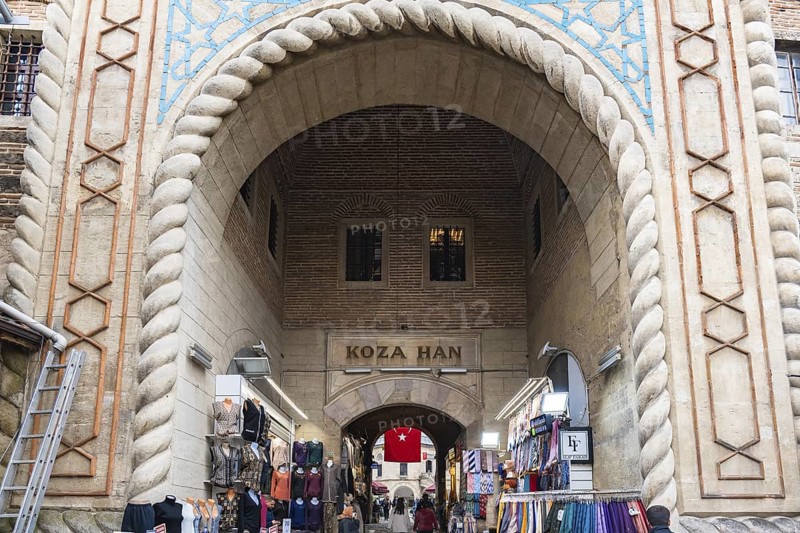 Bursa, Turkey - 11.10.2021: Koza Han architecture, a historic caravanserai in Bursa, Turkey