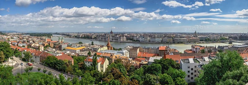 Budapest, Hungary 18.08.2021. Panoramic view of the Danube river and the embankment of Budapest, Hungary, on a sunny summer morning, Budapest, Hungary