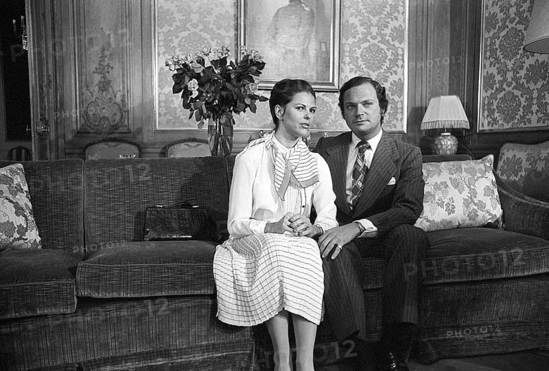 Carl XVI Gustaf and Silvia Sommerlath. Carl XVI Gustaf, King of Sweden. Born 30 april 1946. Picture taken 13 march 1976 on the day after their engagement was officially announced 12 march. The press conference is held in the princess Sibylla room at Stockholms royal castle. The couch has since the event been called the Engagement couch. On the wall behind them hangs a portrait of Gustaf Adolf, the prince who should have been king but was killed in an airplance crash 1947