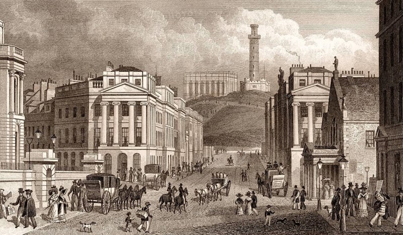 Waterloo Place, the National and Nelson's Monuments, Calton Hill, Edinburgh, Scotland, 19th century, from Modern Athens by Th. H. Shepherd