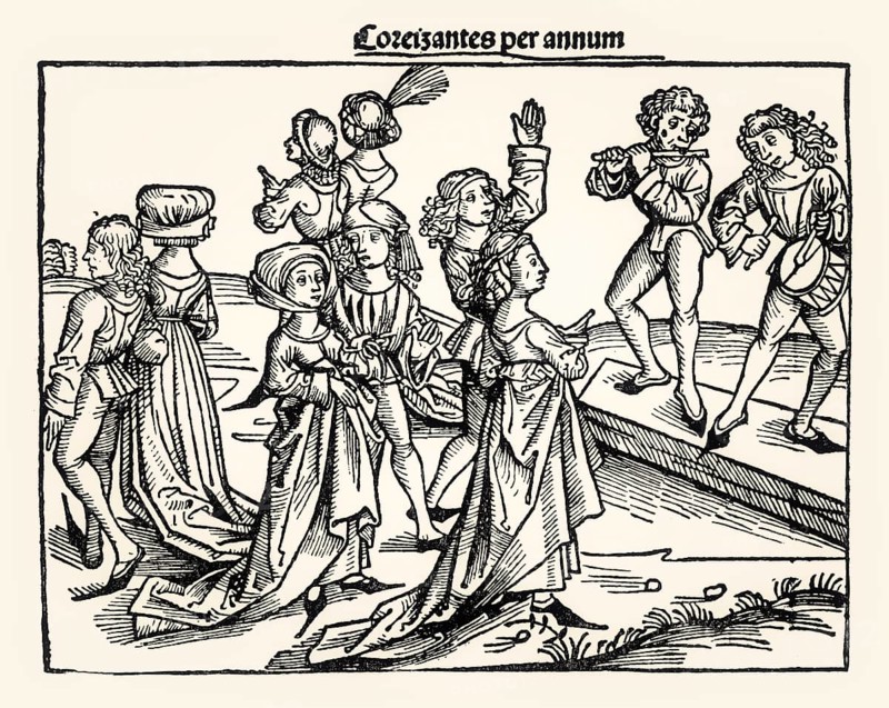 Nuremberg Chronicle, dancing couples, 1493, Anton Koberger, digitally restored