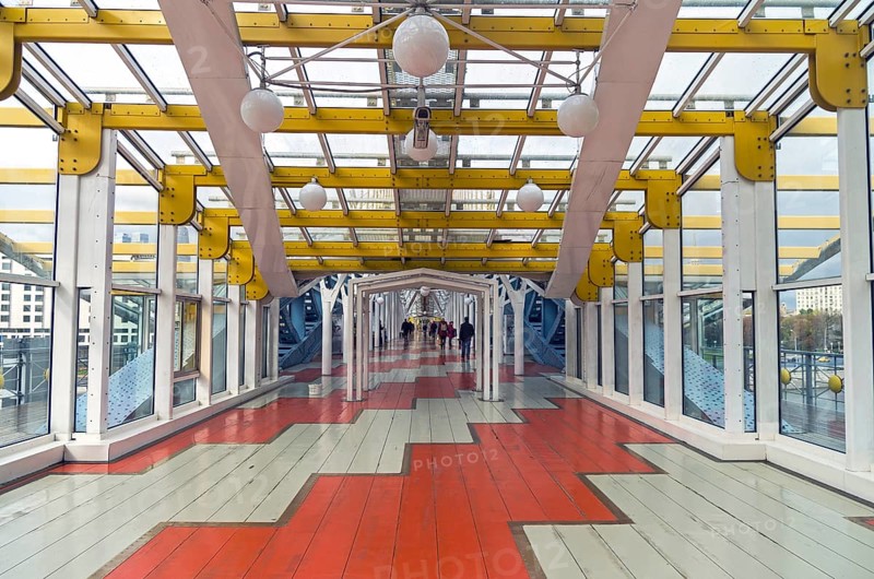 MOSCOW, RUSSIA, OCTOBER 2, 2016: Inside the pedestrian bridge that connects Berezhkovskaya and Rostov embankments near the Kiev railway station. Moscow, Russia
