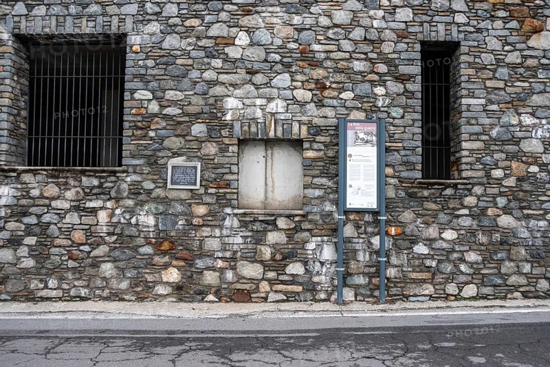 MUSSO, ITALY, OCTOBER 05, 2023, Information boards at the street in Musso, where dictator Mussolini became captured at the end of World War II, Italy