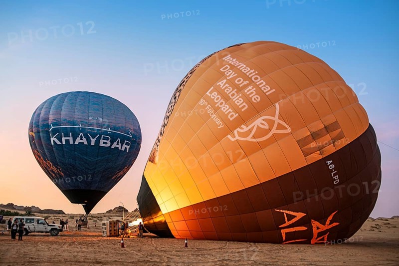 Preparation for the balloon flight over the Unesco site Maidain Saleh or Hegra, Al Ula, Kingdom of Saudi Arabia