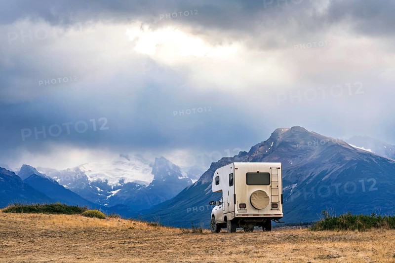 A pickup camper near Los Glaciares National Park in Patagonia, El Calafate, Santa Cruz, Argentina