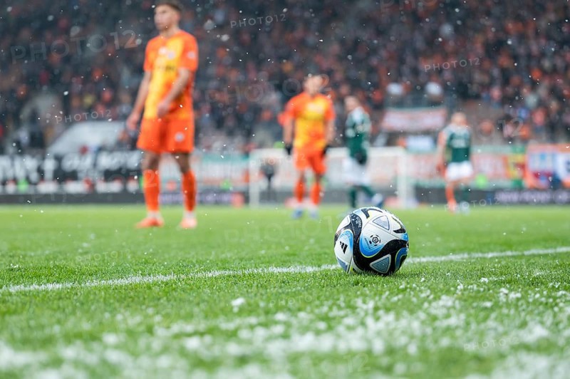 LUBIN, POLAND - DECEMBER 3, 2023: Football match Polish PKO Ekstraklasa between KGHM Zaglebie Lubin vs Legia Warszawa 0:3. Soccer ball on the field