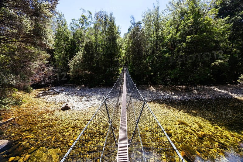 Frenchmans Cap Suspended Bridge in Franklin-Gordon Wild Rivers National Park on a hot summer's day in Tasmania, Australia