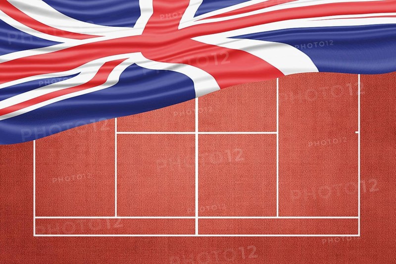 United Kingdom Flag on Clay Tennis Court, Sports Symbol