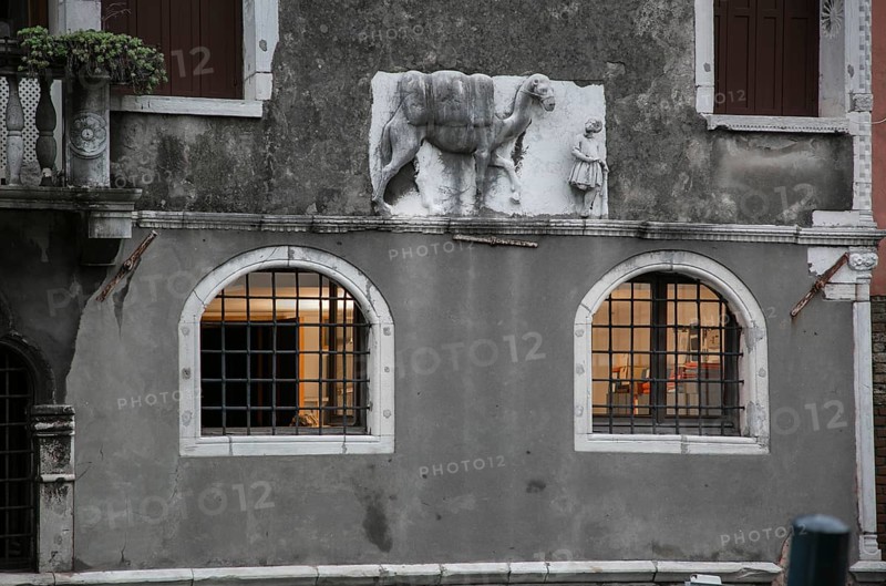 Italy Venice Palazzo Mastelli -439 early Gothic built in the 14th century above the plinth on the right relief of a camel with a guide