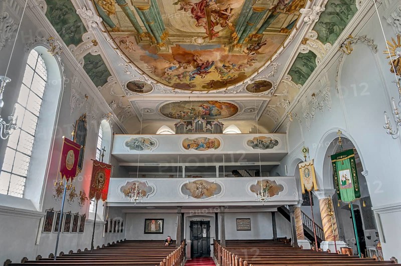 Organ loft and ceiling frescoes, St George and Florian is a listed Catholic parish church in Reicholzried, Allgäu, Bavaria, Germany
