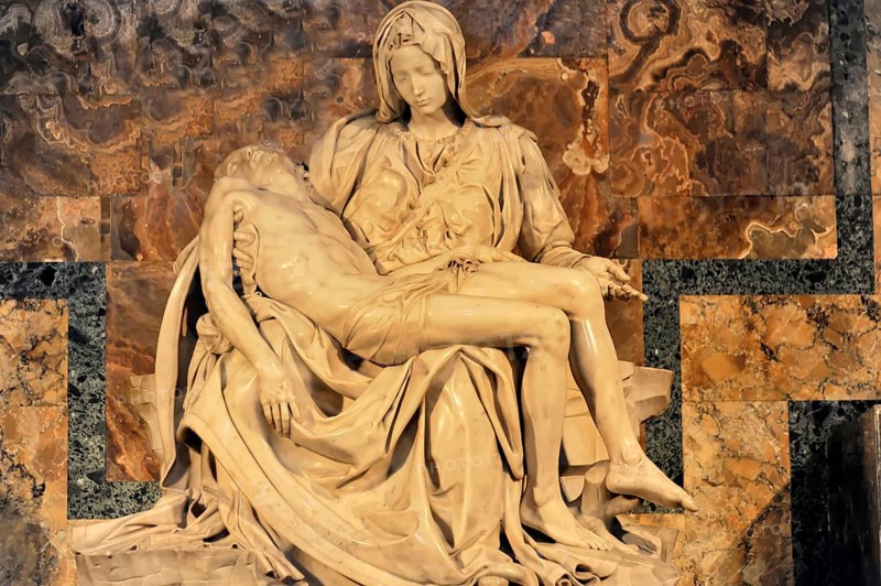 Pieta by Michelangelo, St Peter's Basilica, Vatican, Rome, Italy, Marble sculpture of the Pietà shows the mourning Madonna holding the body of Jesus, Rome, Lazio, Italy
