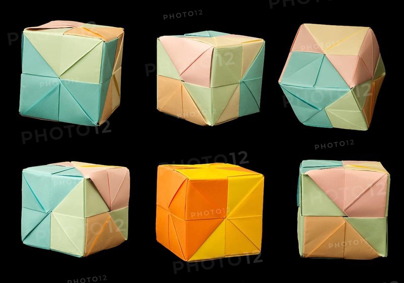 Paper made multi colored patterned cubes folded origami style