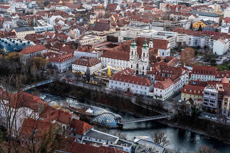 View from the Schlossberg to Murinsel and the Mariahilferkirche, Old Town of Graz, Styria, Austria