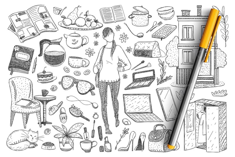 Feminine everyday essentials doodle set. Collection of hand drawn woman and cat, clothes, footwear, wardrobe, crockery, cosmetics, accessories, cat, home details isolated on transparent background