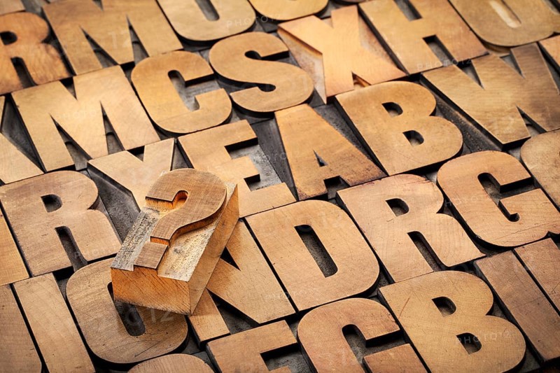 Question mark and alphabet in vintage letterpress wood type