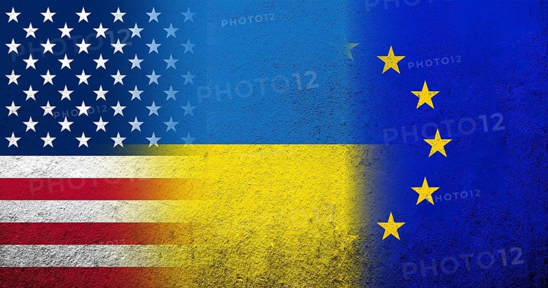 National flag of Ukraine, United States of America USA national flag and Flag of the European Union. Grunge background