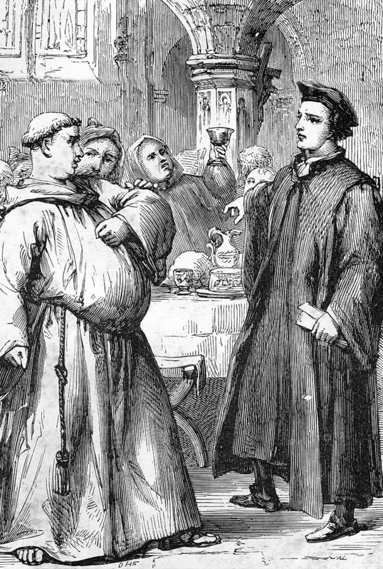 Line drawing of William Tyndale (right) making his famous statement to a fat friar that the plowboy will soon know more of the scriptures than the Roman clergy. Tyndale went on to translate the first English New Testament from Greek texts