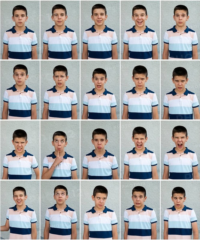 Child faces. Many faces showing emotions and expressions. Teenager face countenance