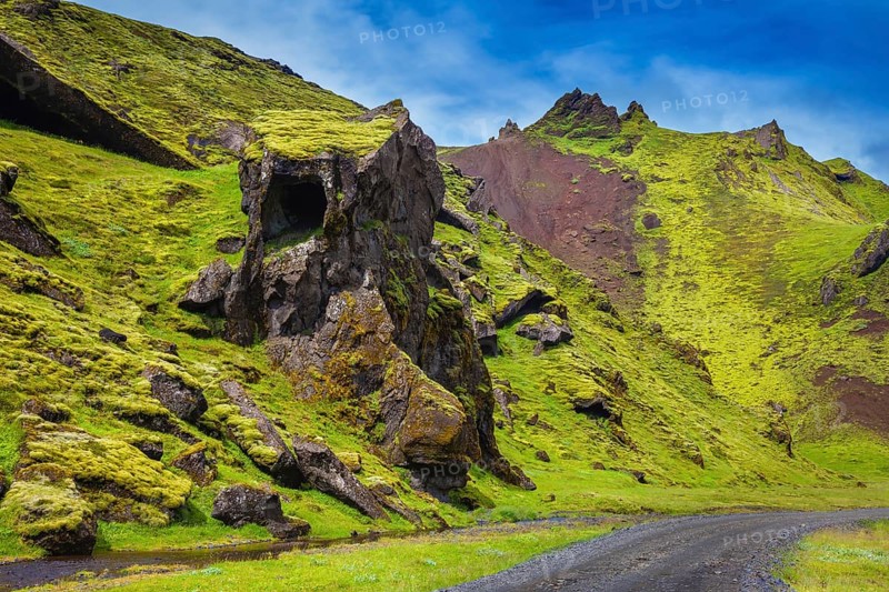 The summer blossoming Iceland. Canyon Pakgil - green grass and moss on freakish rocks
