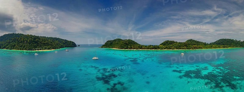 Aerial panorama view of beauty nature landscape with beach, corals and sea on tropical Koh Rok island, Thailand